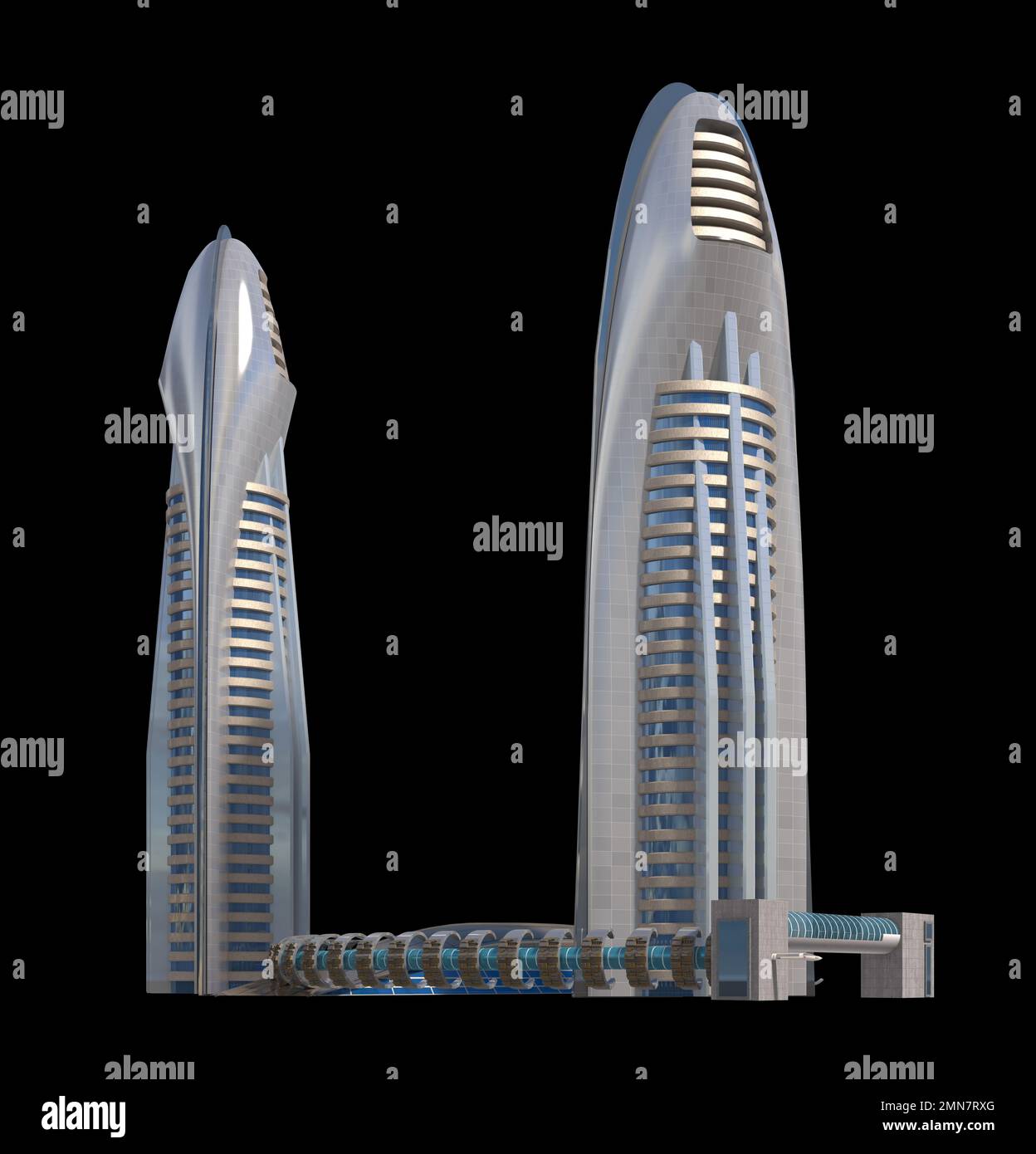 Futuristische Wolkenkratzer-Architektur mit dem isolierten Pfad, der in der Abbildung von 3D enthalten ist. Stockfoto