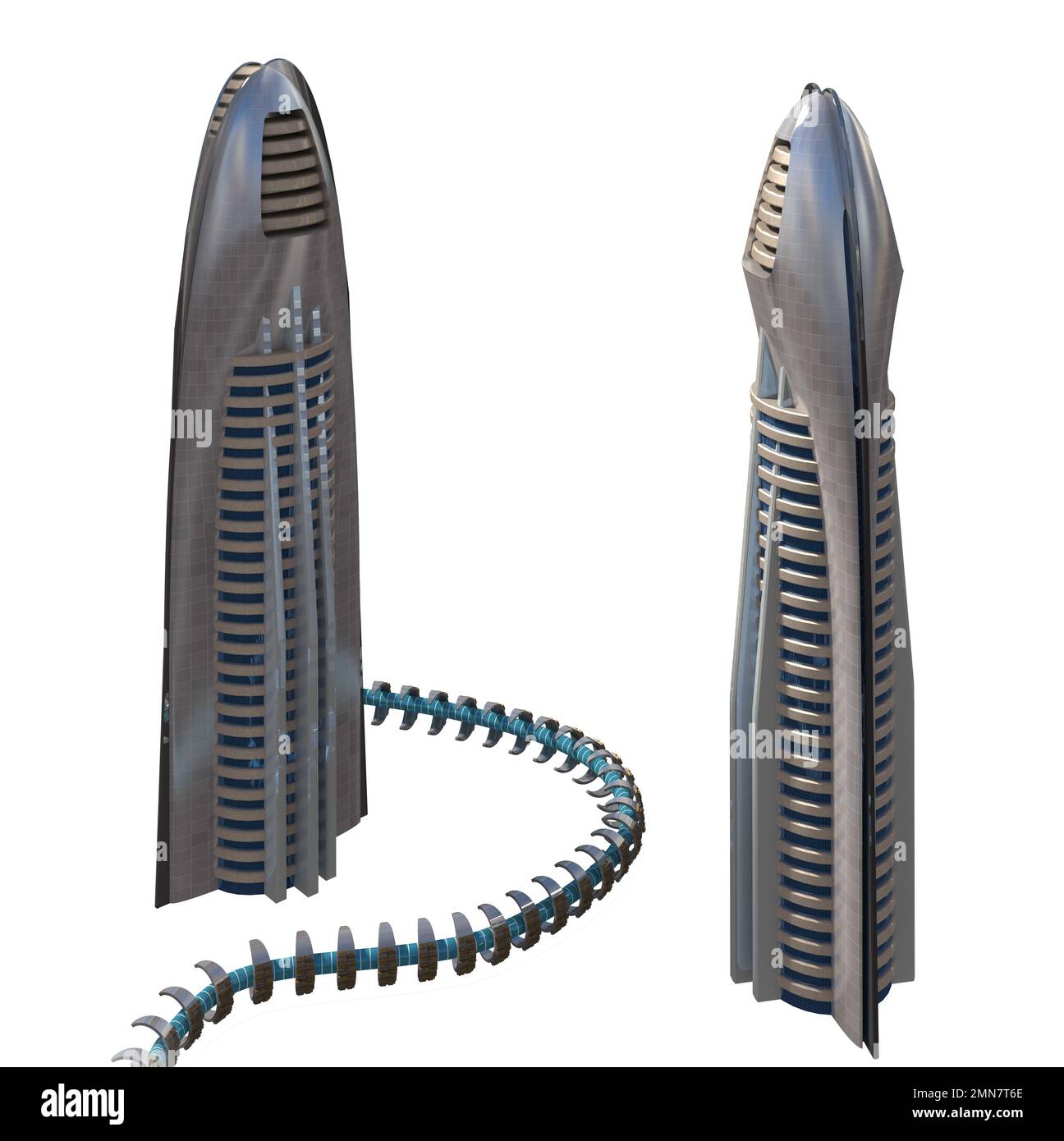 Futuristische Stadtarchitektur aus dem Jahr 3D mit dem isolierten Pfad in der Abbildung. Stockfoto