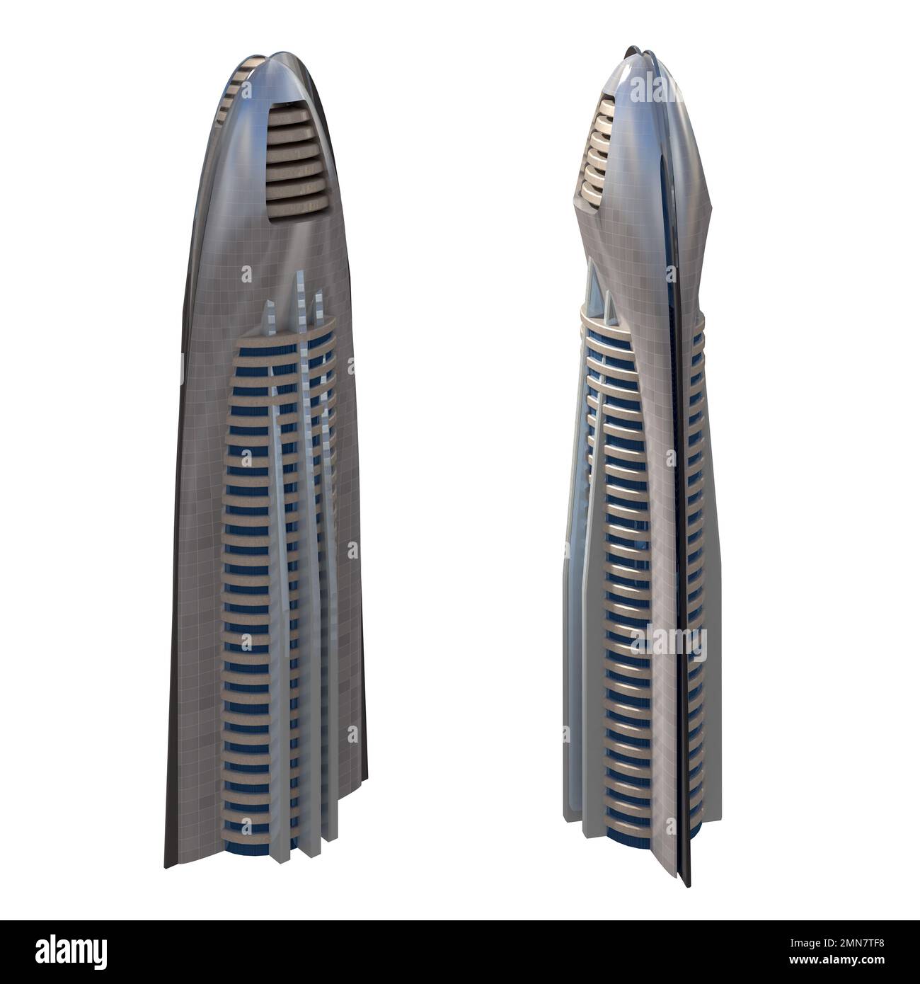 Futuristische Wolkenkratzer-Architektur mit dem isolierten Pfad, der in der Abbildung von 3D enthalten ist. Stockfoto