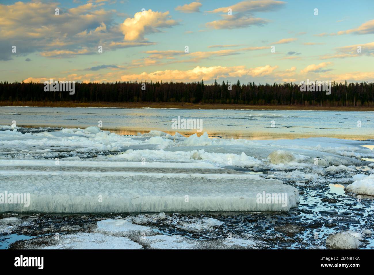 Die letzten Eisschollen schmelzen in der Nähe der Küste der Taiga. Eisfluß auf dem Quellfluß in Yakutia Vilyuy mit klarem Wasser und Wolkenreflexionen Stockfoto