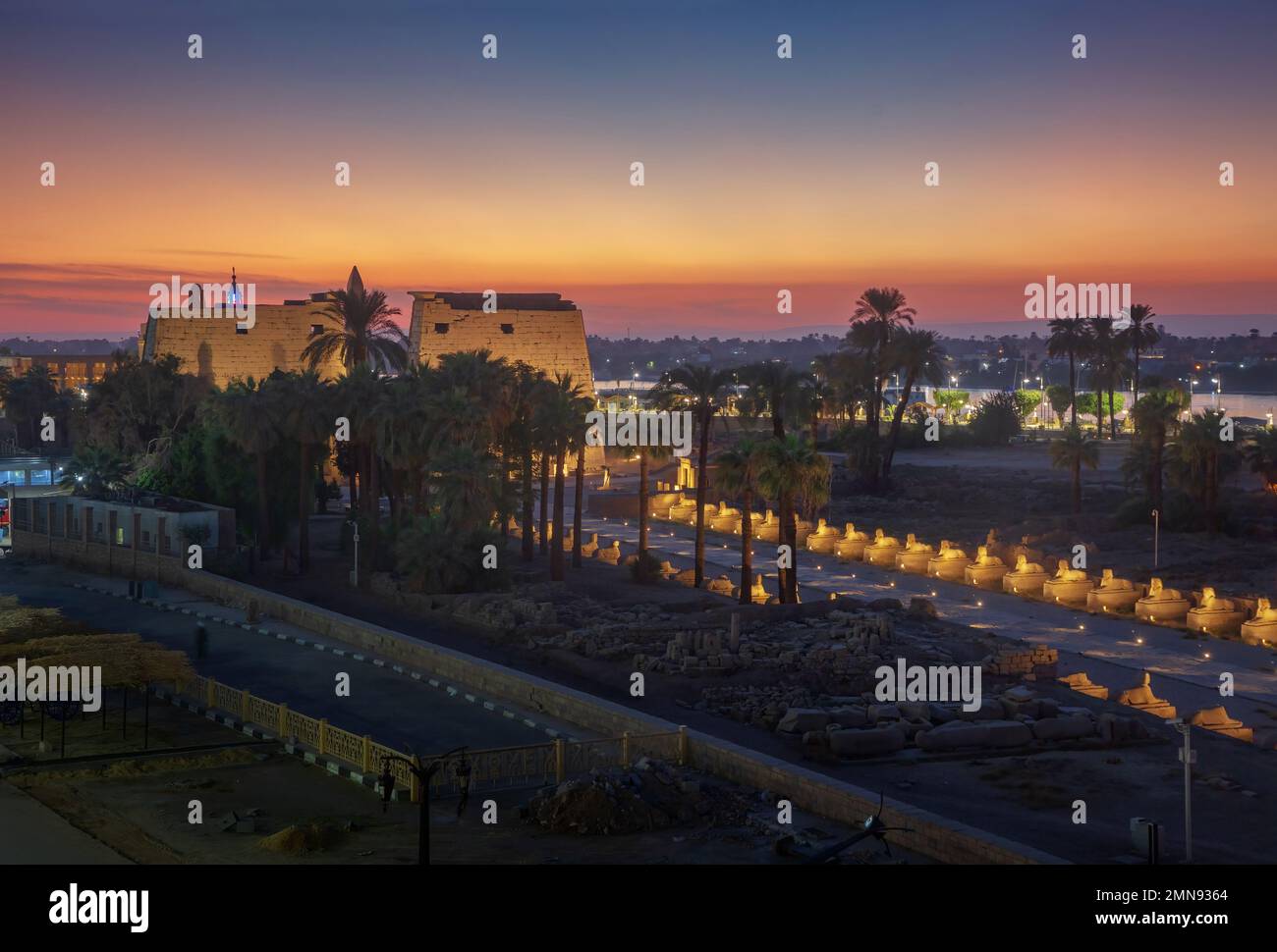 Tempel von Luxor zu Ehren des gottes Amun-Ra und der Gasse der Sphinxen nach Sonnenuntergang Stockfoto