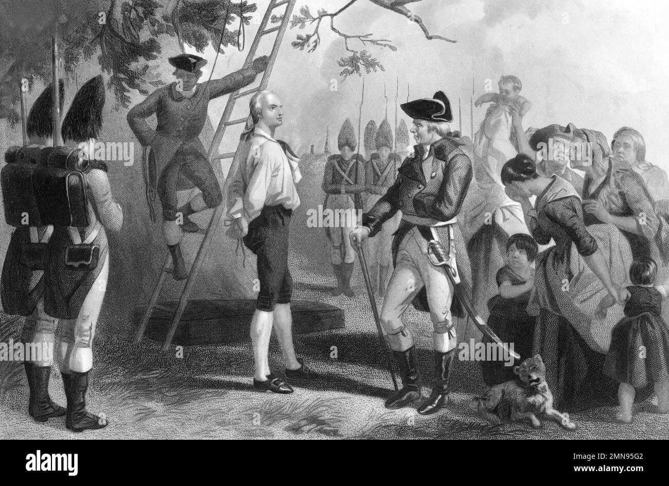 Nathan Hale. Gravur mit dem Titel "Letzte Worte von Captain Nathan Hale, dem Helden-Märtyrer der Amerikanischen Revolution". Nathan Hale (1755-1776) war im Amerikanischen Unabhängigkeitskrieg Patriot und Spion der Kontinentalarmee. Stockfoto
