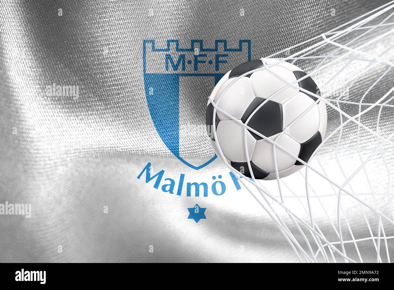 UEFA Champions League 2023, Malmö FF-Flagge mit einem Fußball im Netz, UEFA Hintergrundbild, 3D Werk und 3D Bild. Eriwan, Armenien - 2023. Januar 27 Stockfoto