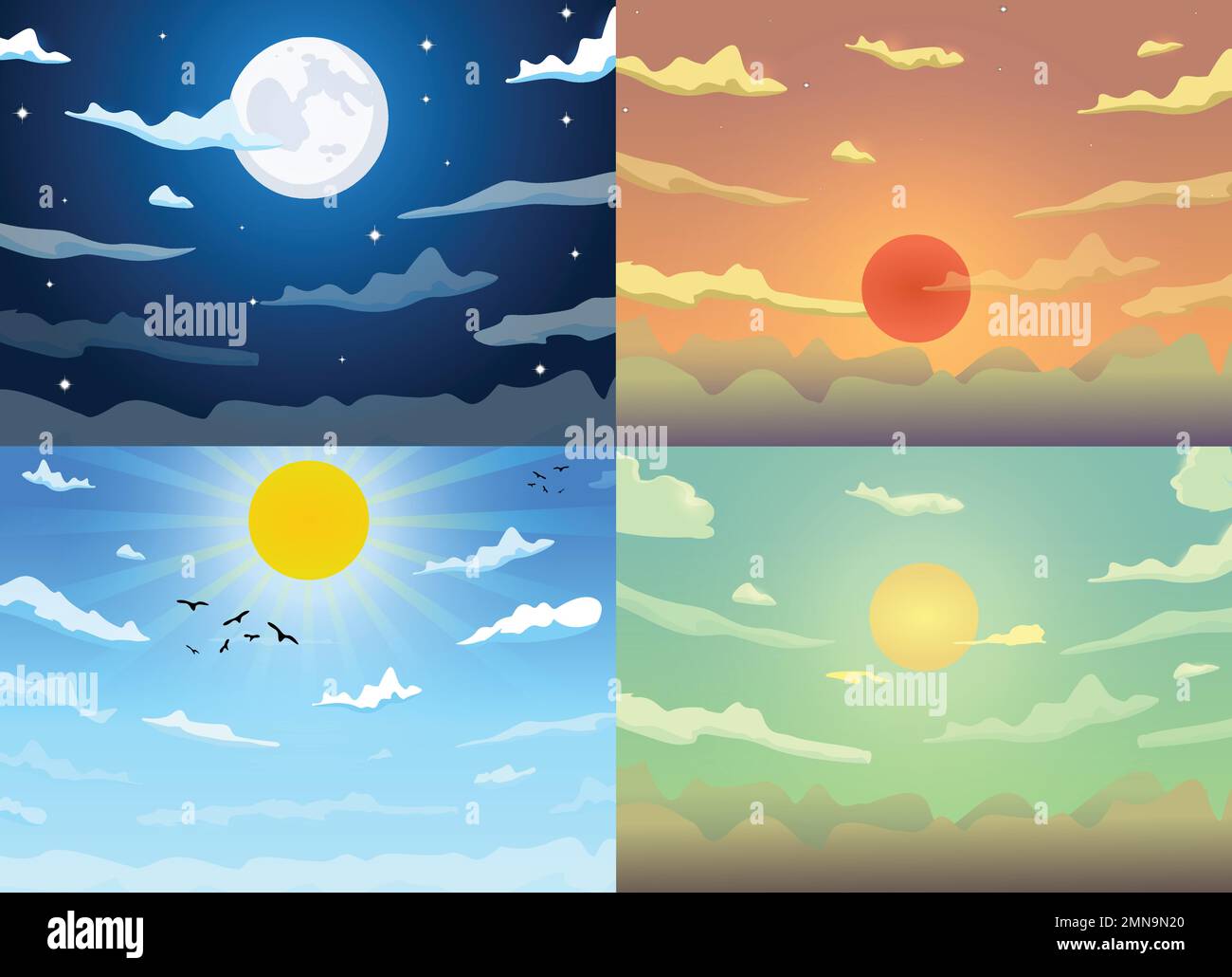 Vektorvariante Karikatur Himmel Morgen, Tag, Abend und Nacht mit Wolken, Sonne und Mondhintergrund. Stock Vektor