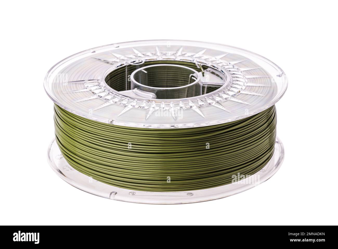 Draht für 3D-Druckrolle. Filament-Thermoplast für 3D-Druck isoliert auf weißem Hintergrund. Stockfoto