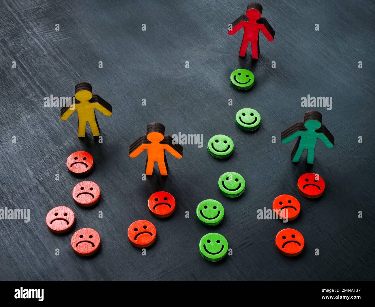 Figuren mit glücklichen und unglücklichen Emoticons. Wohlbefinden und psychologisches Konzept. Stockfoto