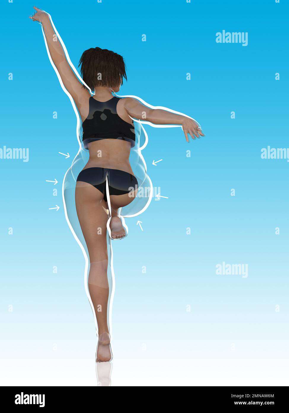 Konzeptionelle Fettübergewicht übergewichtig Weibliche vs. Schlanke Passform gesunder Körper nach Gewichtsverlust oder Diät mit weißem Umriss und Pfeile auf blau. Stockfoto