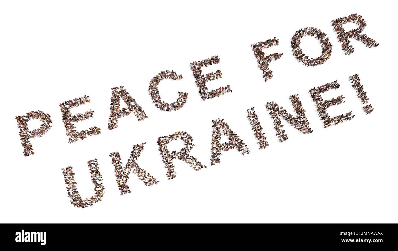 Konzeptionelle große Gemeinschaft von Menschen, die die Botschaft DES FRIEDENS FÜR DIE UKRAINE formulieren. 3D Illustration Metapher für Patriotismus, stoppt den Krieg, Freiheit Stockfoto
