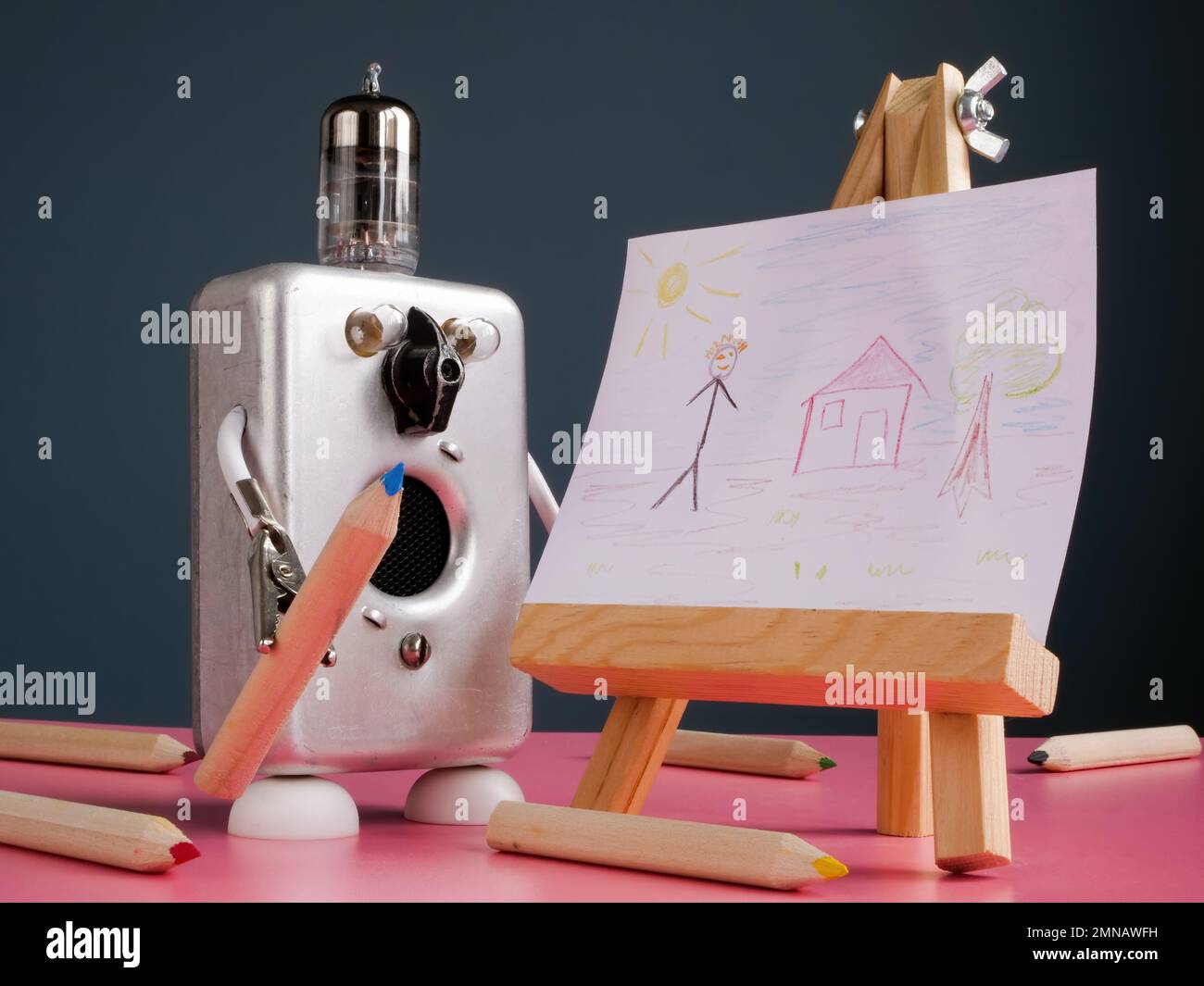 Der Roboter zeichnet ein Bild. KI Art Generator-Konzept. Stockfoto