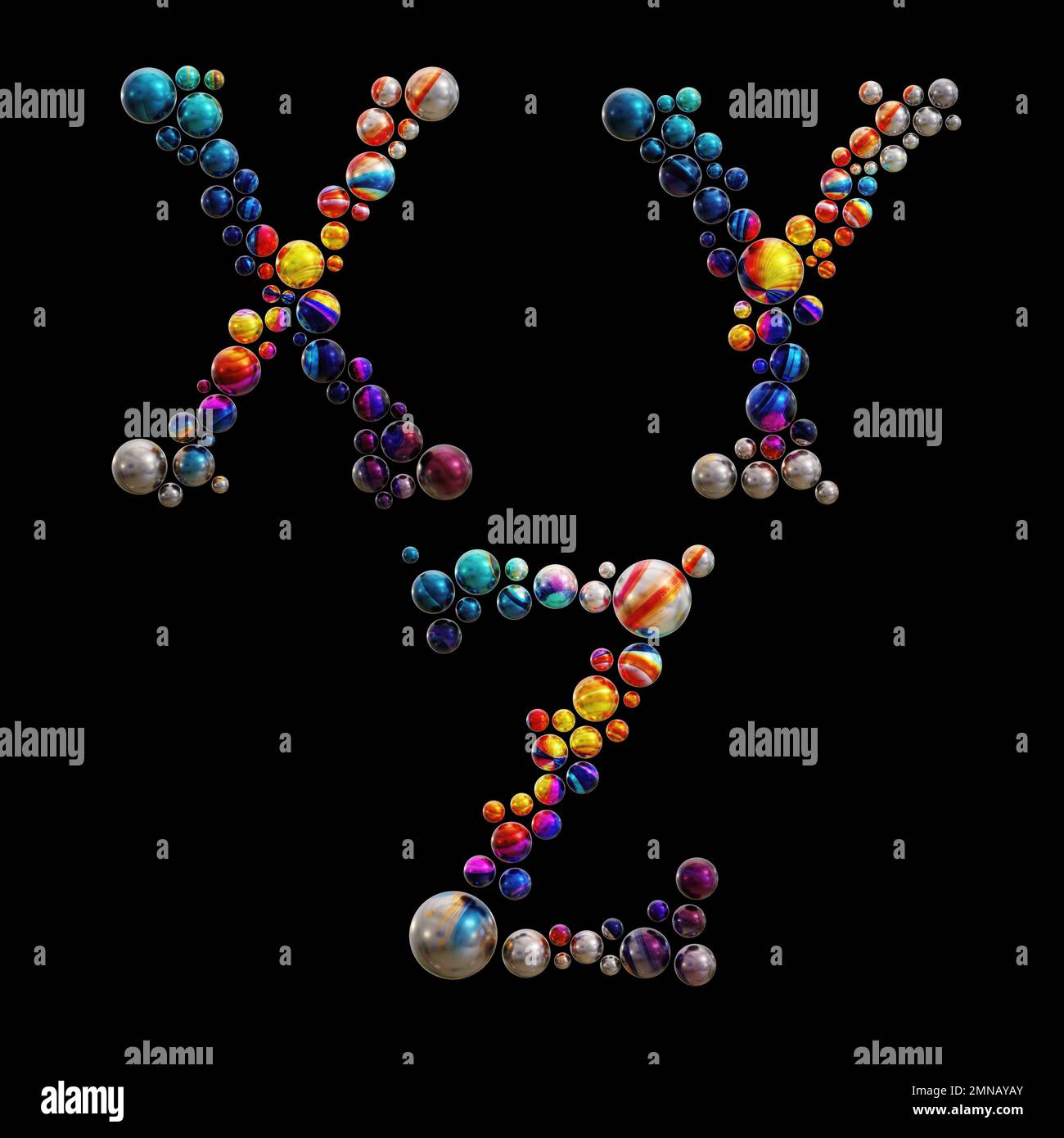 3D-Wiedergabe von farbigen Punktalphabeten - Buchstaben X-Z Stockfoto