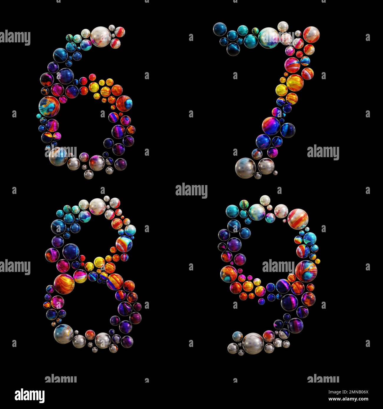 3D-Wiedergabe von farbigen Punktalphabeten - Ziffern 6-9 Stockfoto