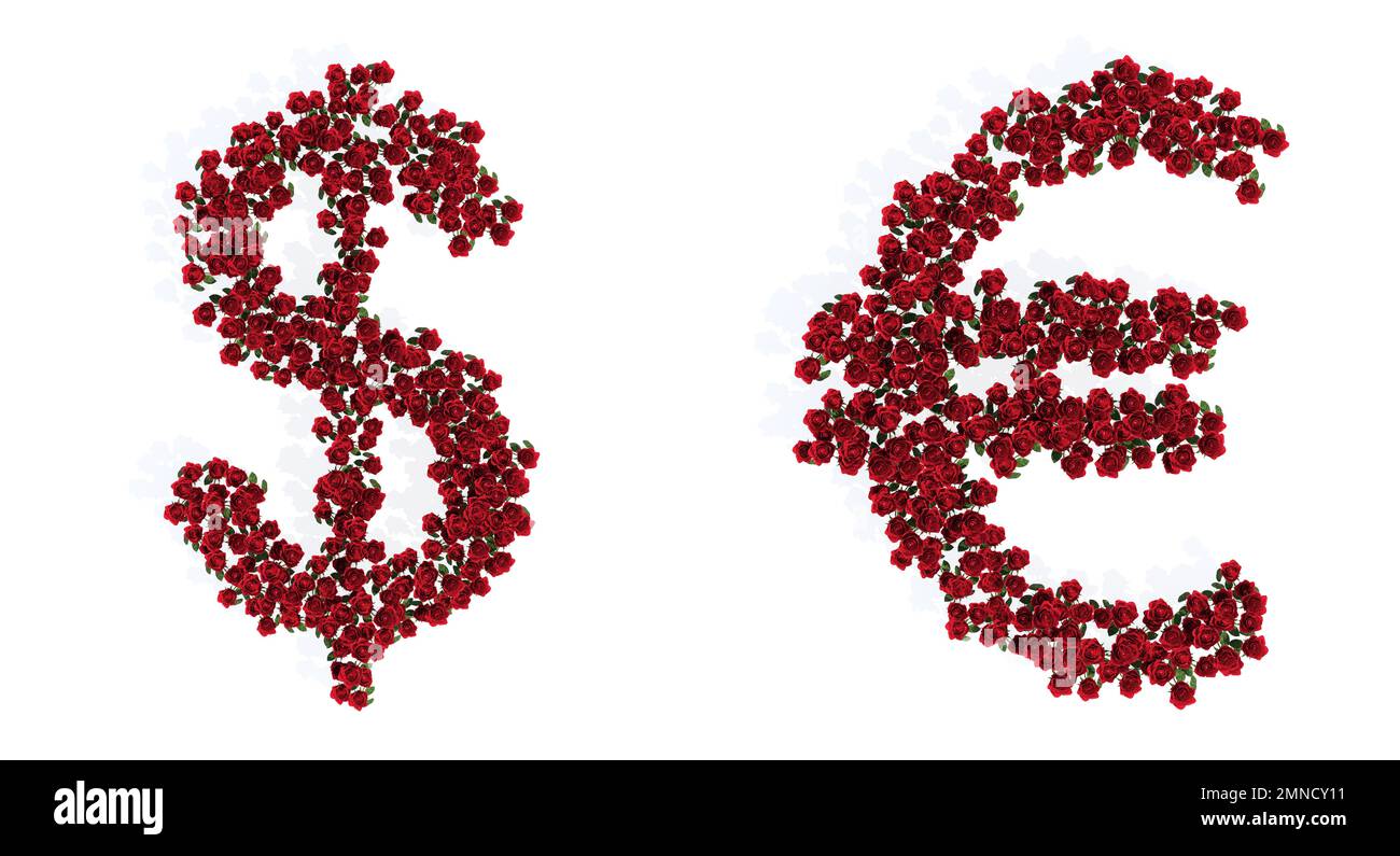 Konzept oder konzeptionelles Set von wunderschönen blühenden roten Rosensträußen, die die Dollar- und Euro-Zeichen bilden. 3D-Abbildung Metapher für Bildung, Design A Stockfoto