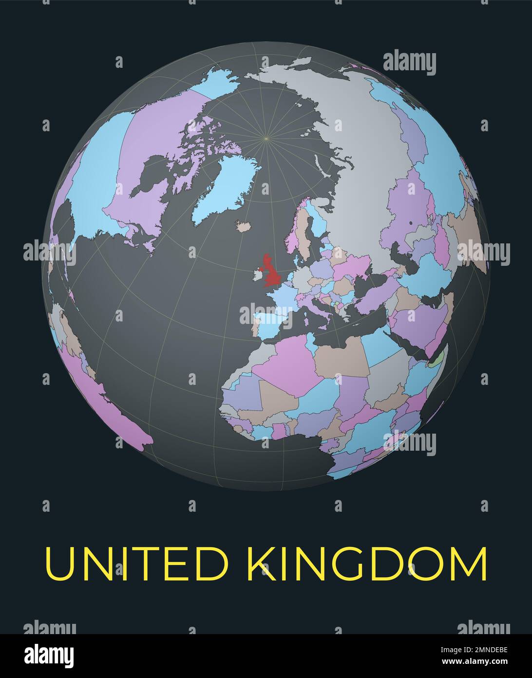 Weltkarte mit Schwerpunkt auf Großbritannien. Rot markiert. Satelliten-Weltansicht auf Land mit Namen zentriert. Vektordarstellung. Stock Vektor