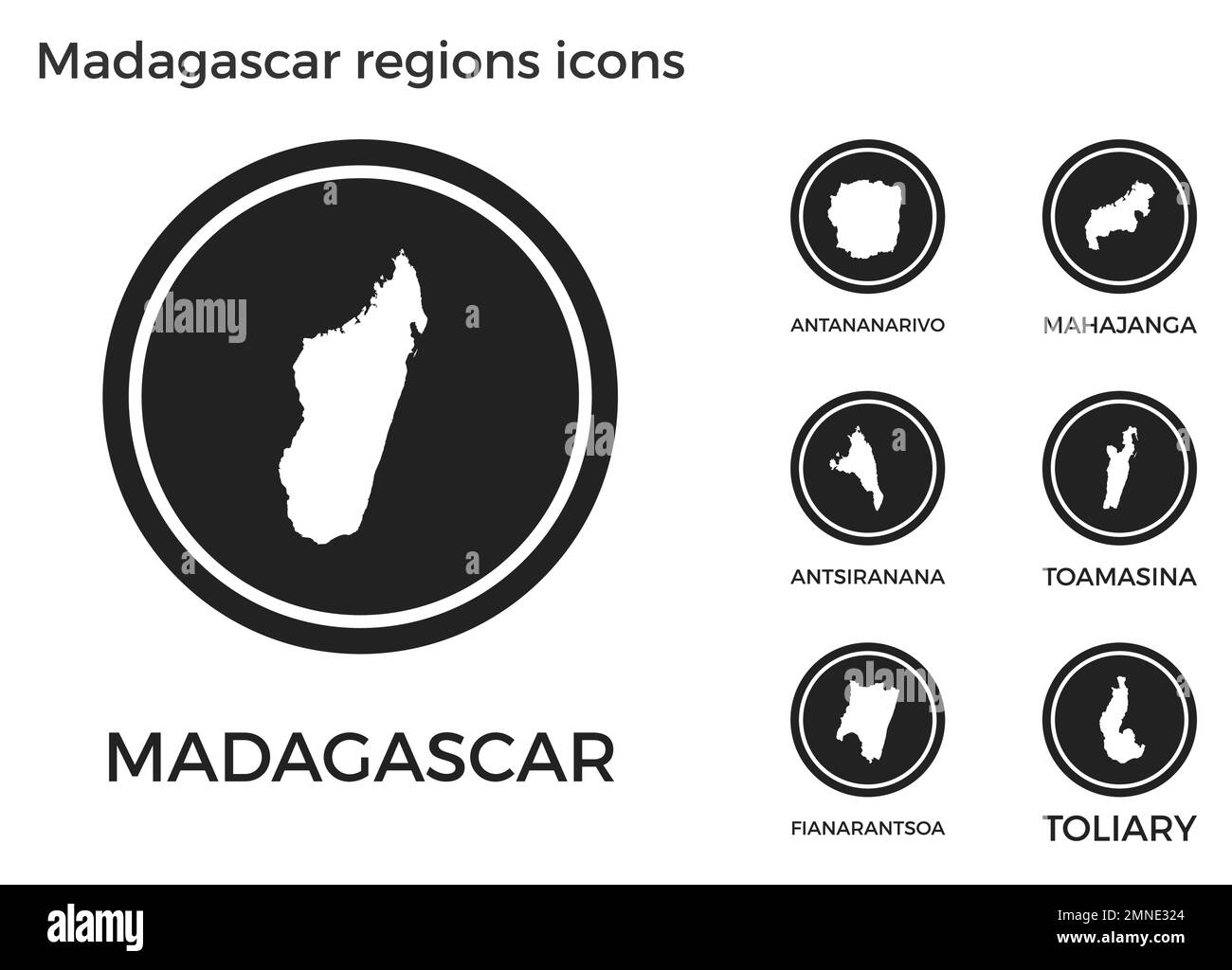 Symbole der Regionen Madagaskars. Schwarze runde Logos mit Karten und Titeln der jeweiligen Region. Vektordarstellung. Stock Vektor