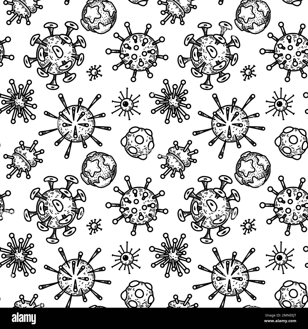 Verschiedene Arten von Viren nahtlos patten. Handgezeichnete wissenschaftliche Vektordarstellung im Skizzenstil Stock Vektor