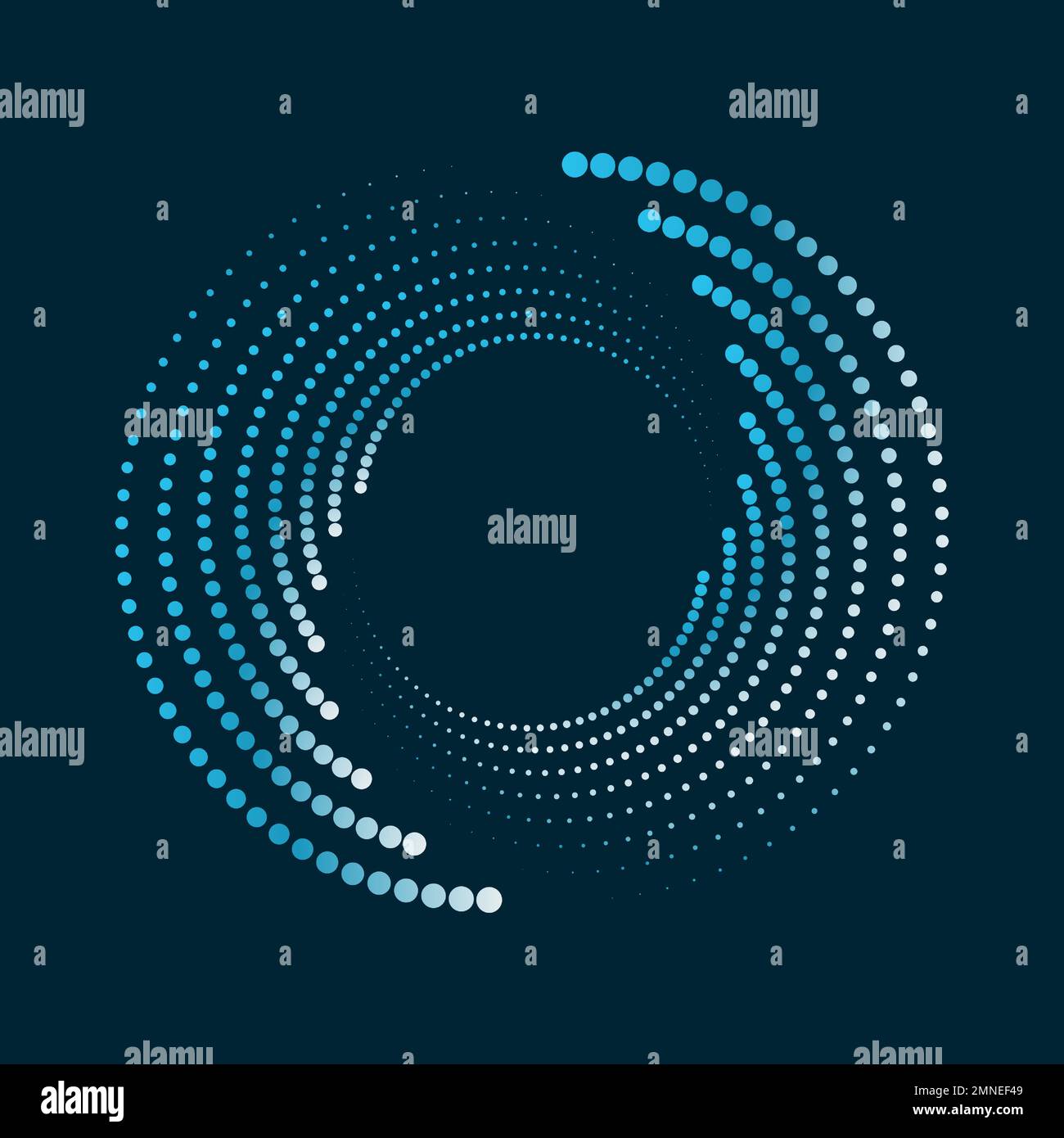 Ein blauer Kreis gepunkteter Halbtöne auf dunkelblauem Hintergrund. Abstraktes Designelement. Stock Vektor