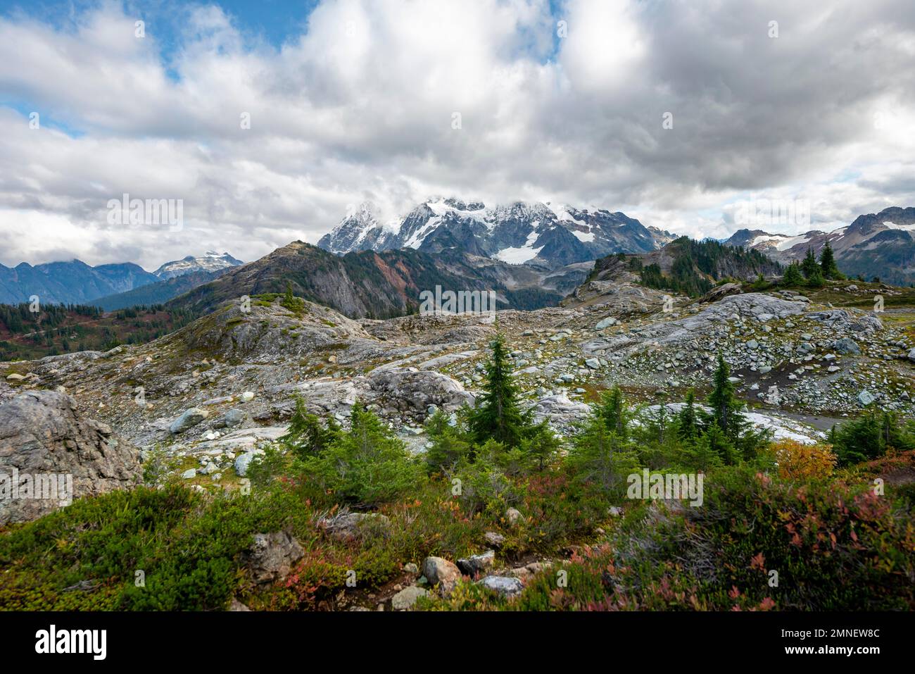 Wanderweg auf dem Tafelberg, Blick auf Mt. Shuksan mit Schnee und Gletscher, Mt. Baker-Snoqualmie National Forest, Washington, USA Stockfoto