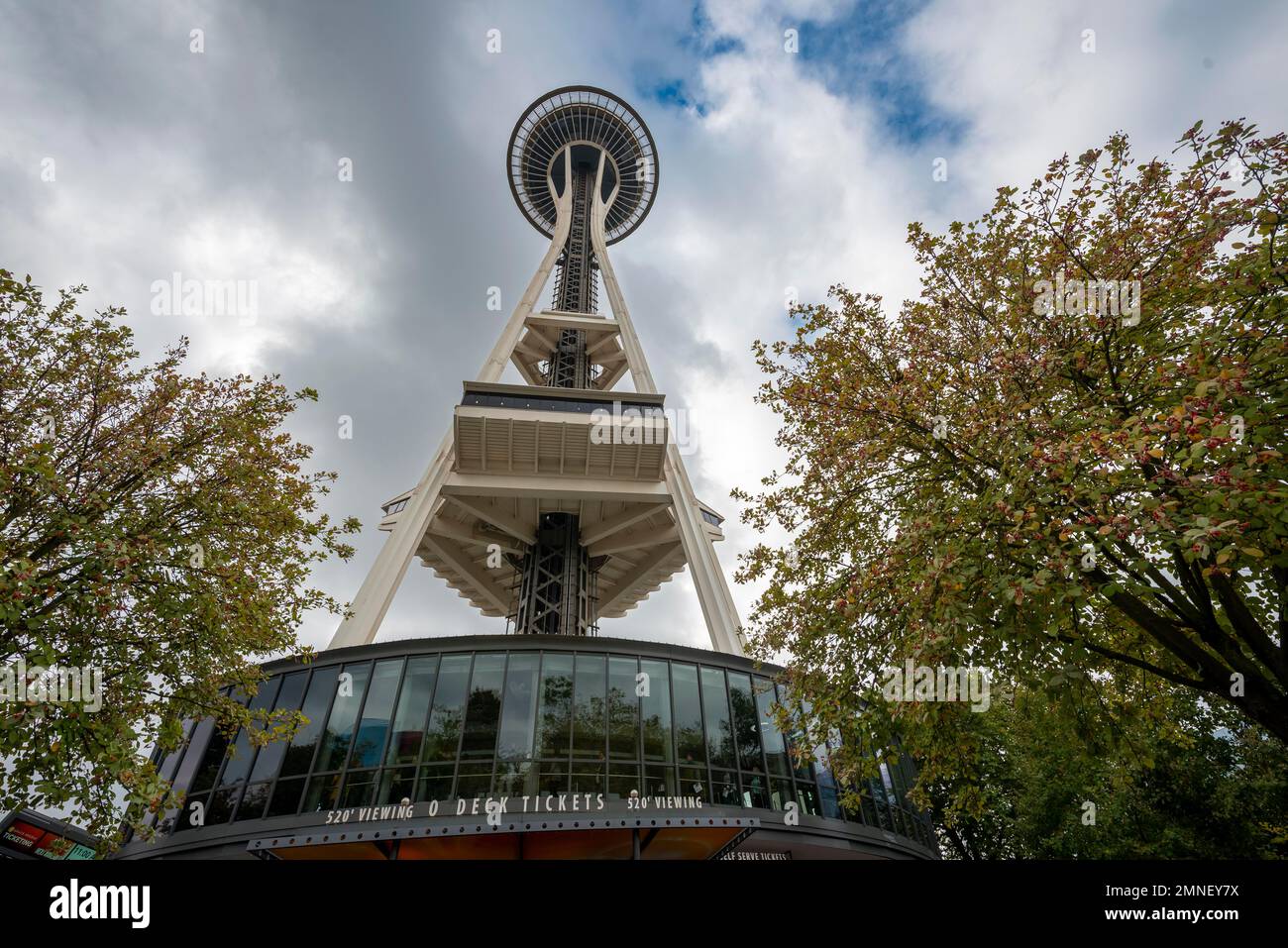 Space Needle mit Bäumen in Herbstblättern, Seattle, Washington, USA Stockfoto