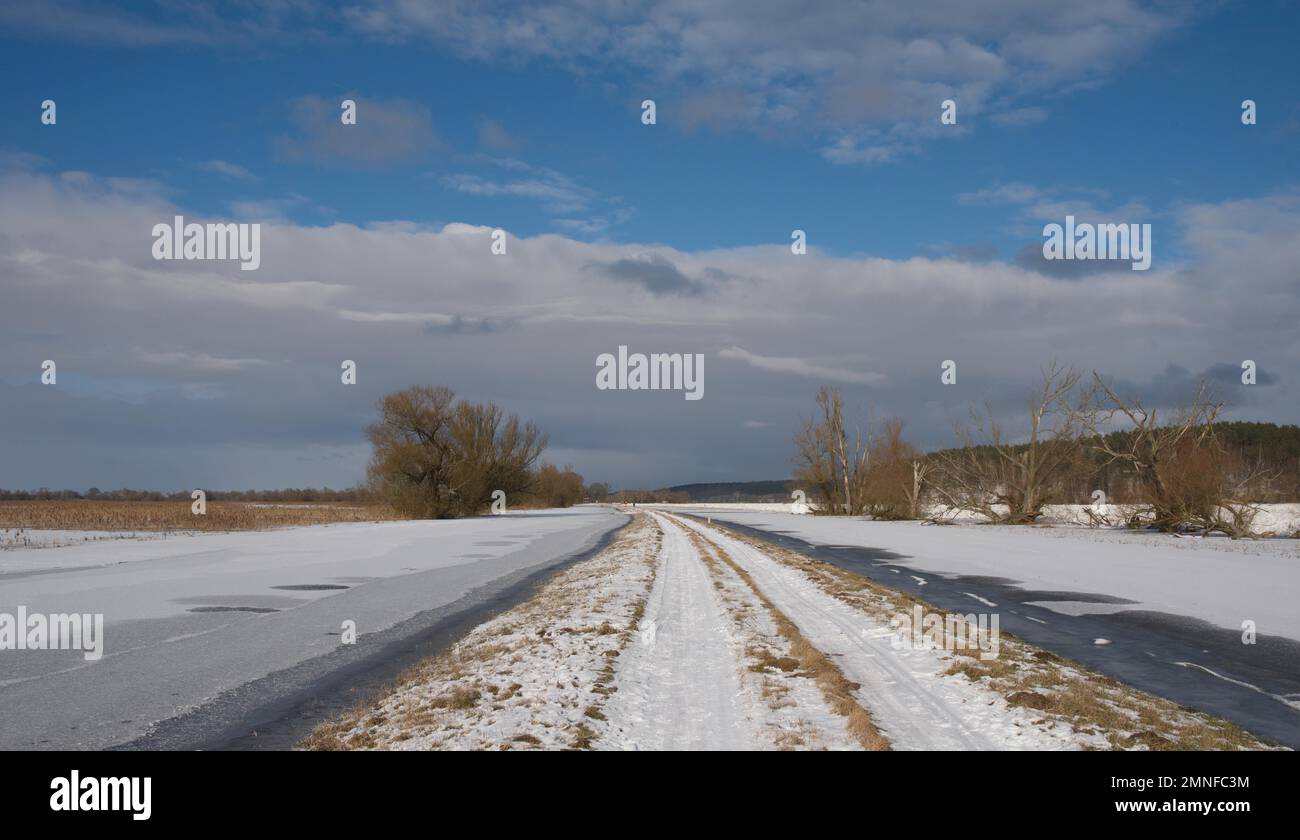 Schnee und Sonnenschein im Nationalpark Lower oder Valley östlich von Schwedt Stockfoto