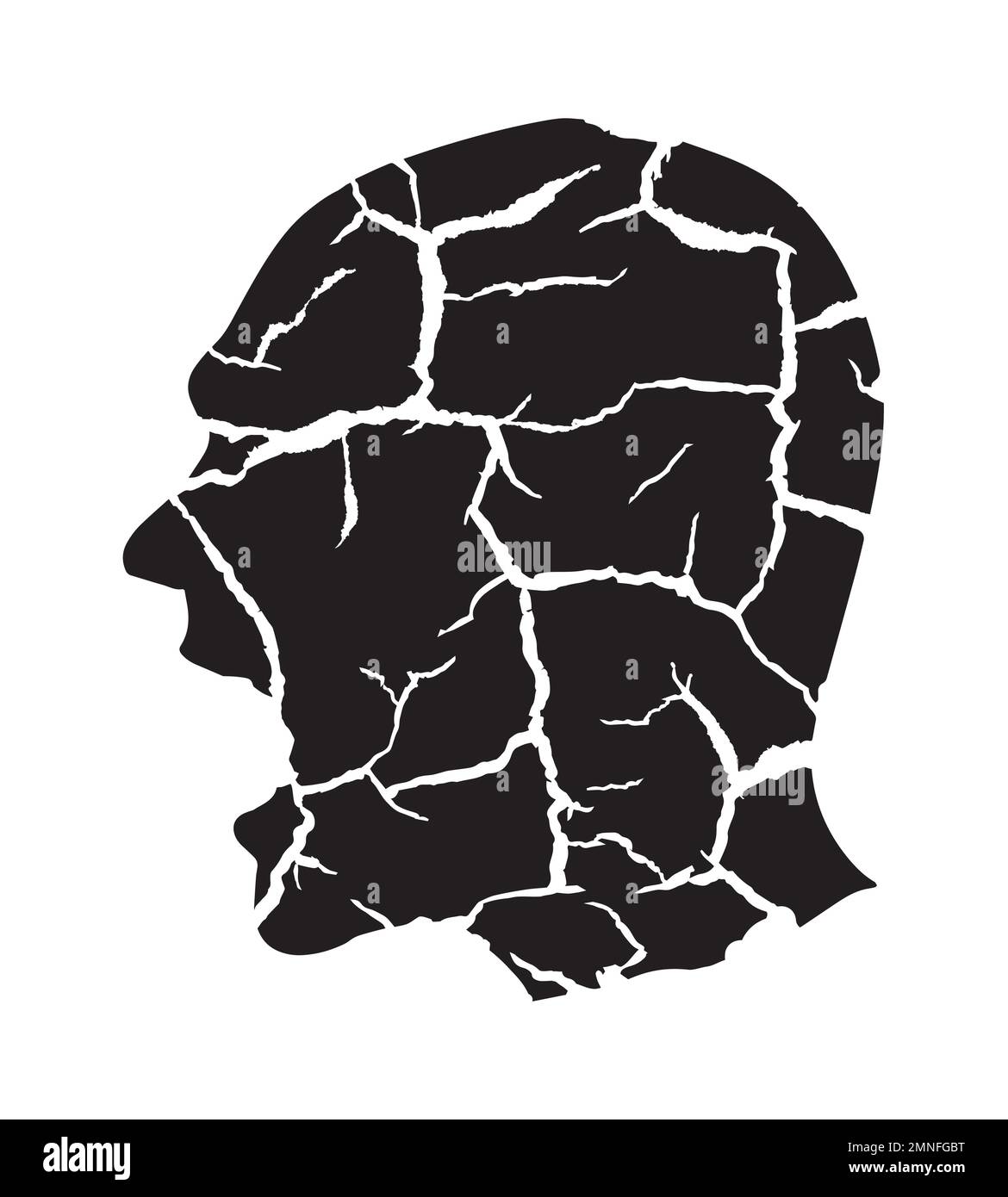 Schwarze Silhouette eines schreienden verzweifelten Mannes, rissige Erdstruktur. Ausdrucksstarke stilisierte Illustration eines wütenden Mannes. Vektor verfügbar. Stock Vektor