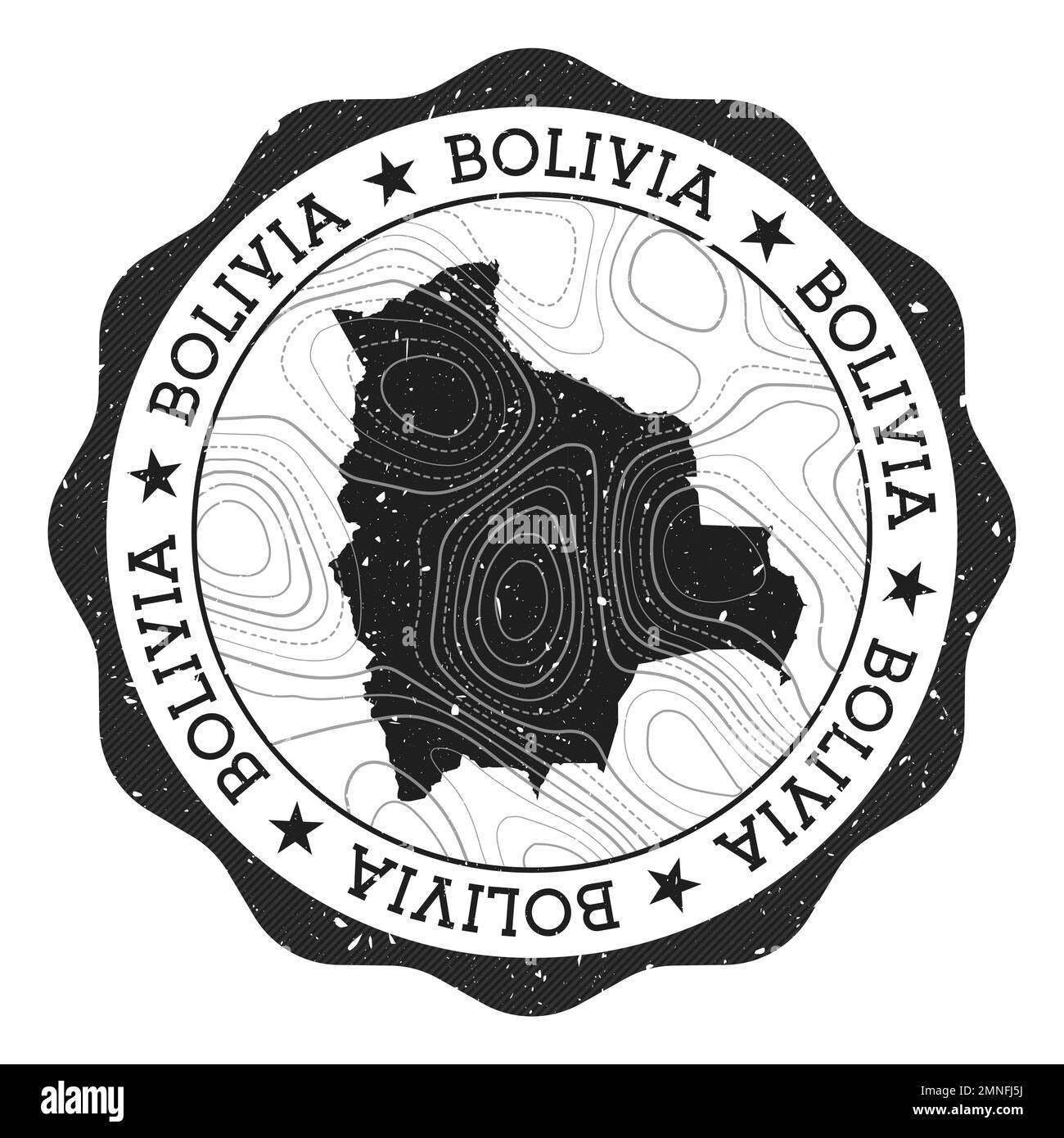 Bolivien-Stempel für den Außenbereich. Runder Aufkleber mit Landkarte mit topographischen Isolinien. Vektorabbildung. Stock Vektor