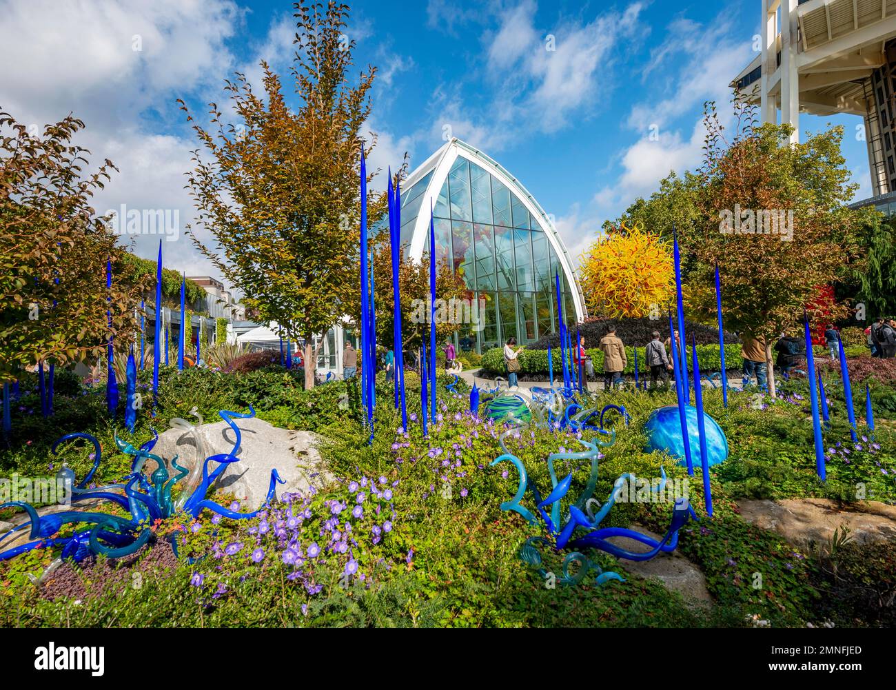 Skulpturengarten mit bunten Glaskunstwerken von Dale Chihuly, Chihuly Garden and Glass im Herbst in Seattle, Washington, USA Stockfoto