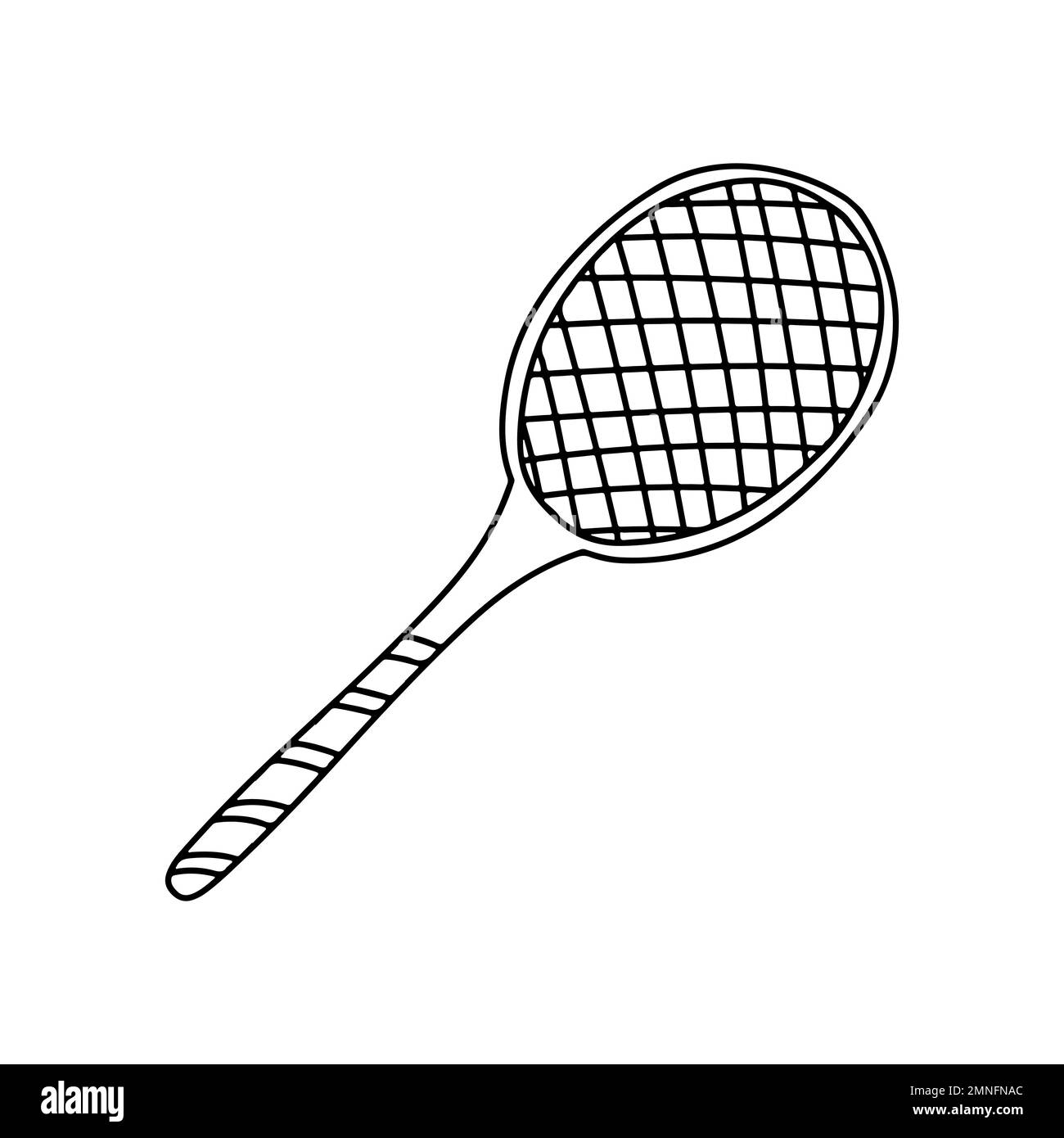 Handgezeichnete Vektordarstellung eines Tennisschlägers im Doodle-Stil. Süße Darstellung einer Sportausrüstung auf weißem Hintergrund Stock Vektor
