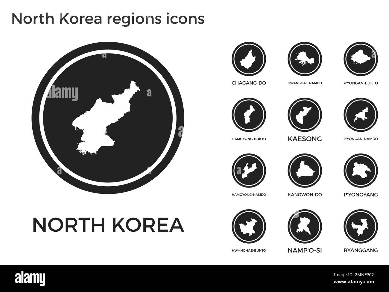 Symbole für Regionen in Nordkorea. Schwarze runde Logos mit Karten und Titeln der jeweiligen Region. Vektordarstellung. Stock Vektor