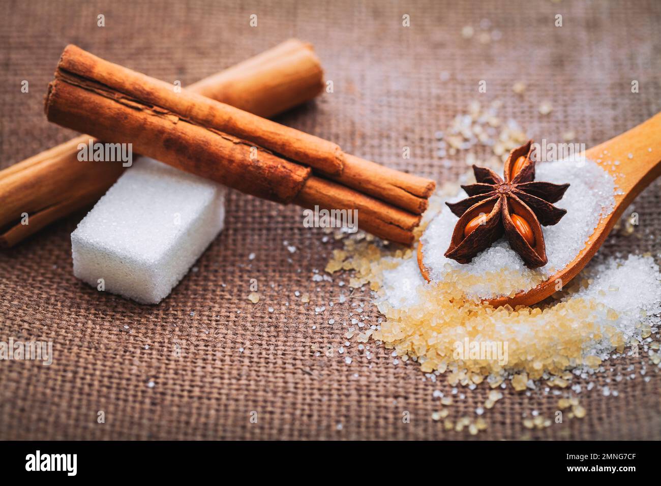 Raffinierter Weißzucker und brauner Zucker Demerara Mauritius, Zimt und Anis auf Holzlöffel. Stockfoto