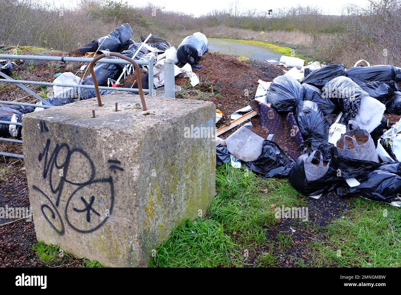 Müllsäcke mit Fliegenspitze in einem ländlichen Rastplatz Stockfoto