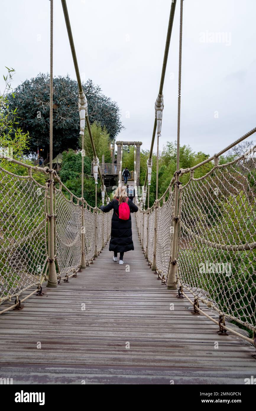 Disneyland Paris Adventure Island Bridge, Spaziergang auf der pont Suspdu, Hängebrücke. Stockfoto