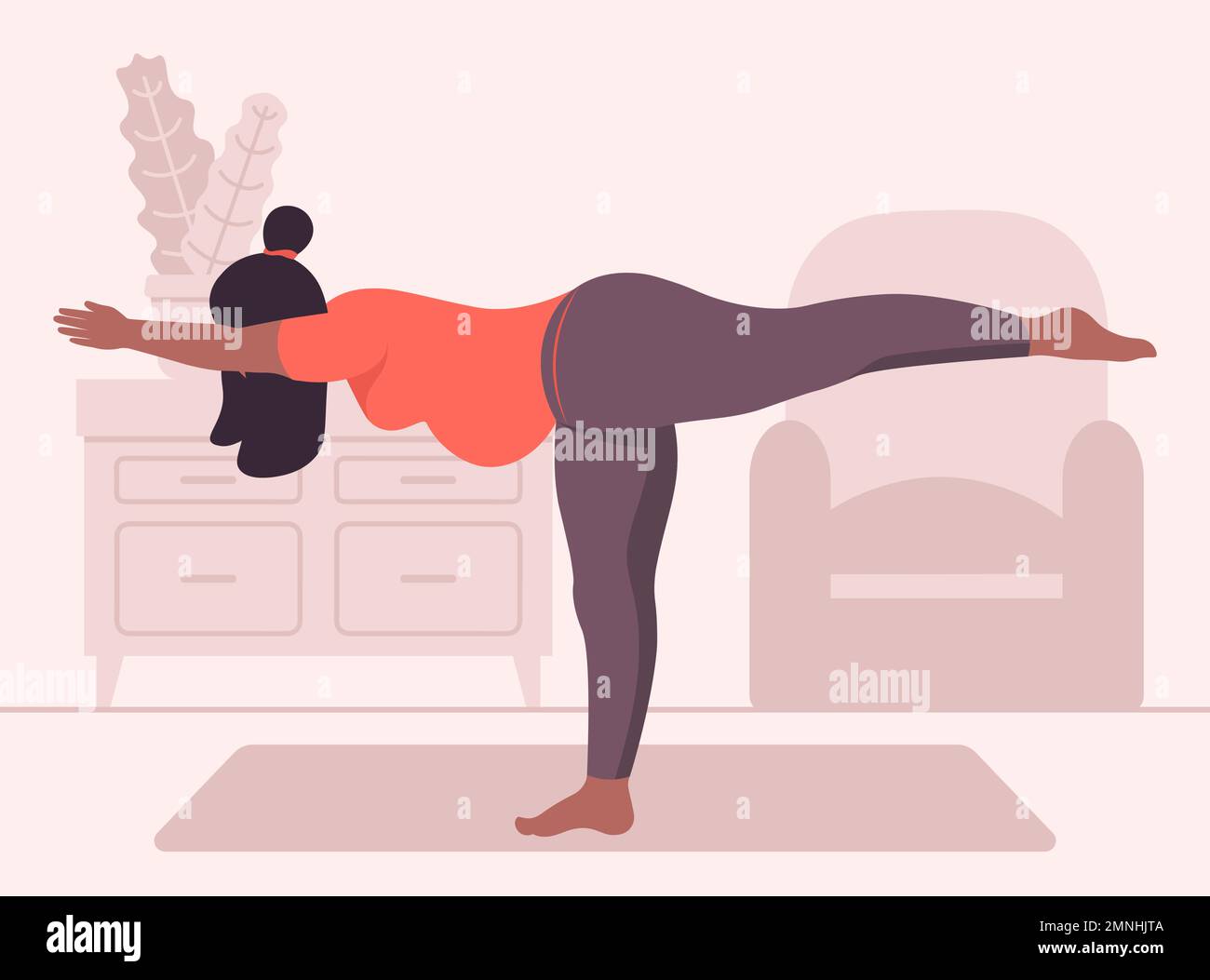 Schwangere Frau mit schwarzer Haut, die T-Pose Yoga zu Hause macht Vector Illustration in Flat Style Stock Vektor
