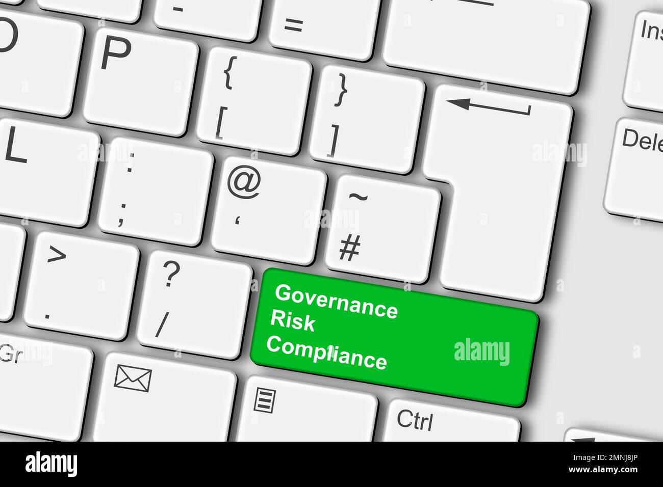 Abbildung: Computertastatur für Governance Risk Compliance-Konzept 3D Stockfoto