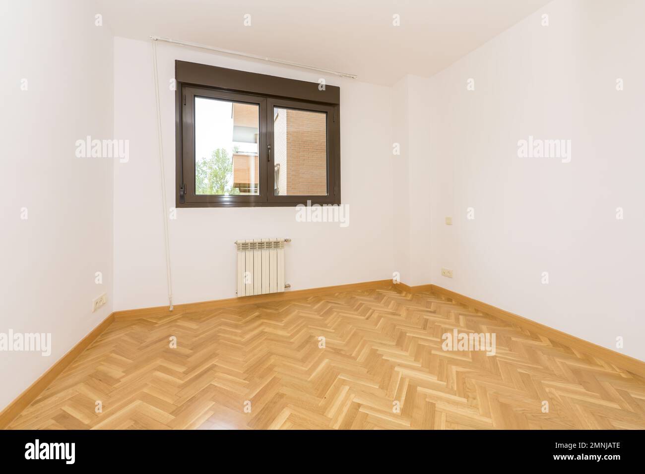 Leeres, weiß gestrichenes Wohnzimmer mit Eichenholzböden und Fußleisten, zweifach-braunem Aluminiumfenster und darunter liegender Heizkörper Stockfoto