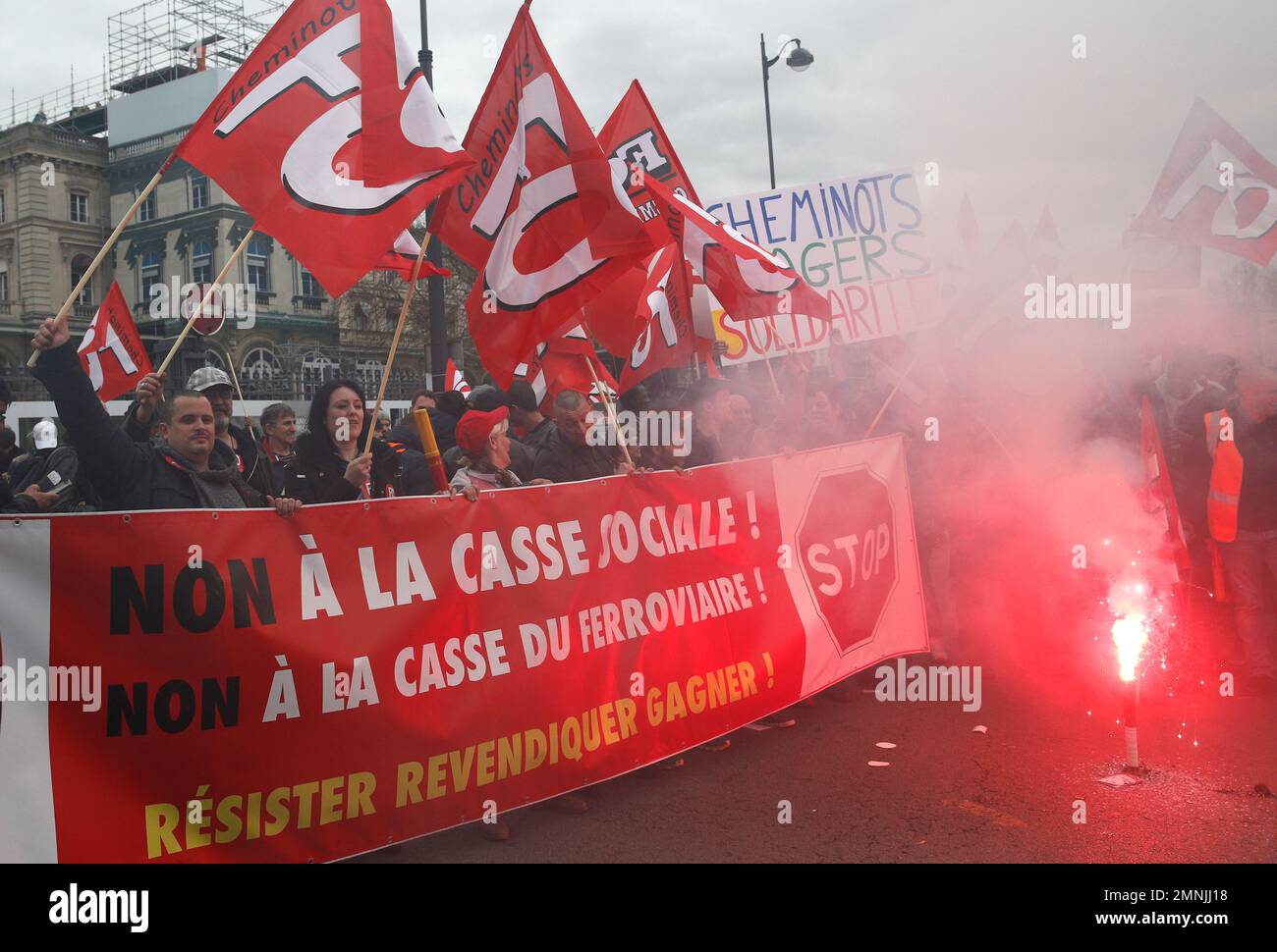 French Rail Workers Demonstrate With A Banner Reading No To Social french-rail-workers-demonstrate-with-a-banner-reading-no-to-social