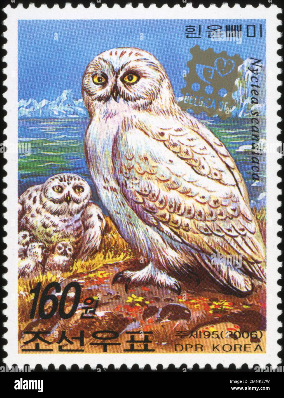 Nordkoreanische Briefmarke aus dem Jahr 2006 mit einer Familie schneebedeckter Eulen (Nyctea scandiaca) in einer arktischen Landschaft. Stockfoto