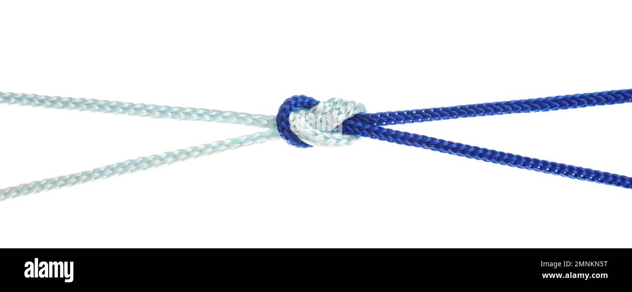 Bunte Seile, die mit einem Knoten auf Weiß verbunden sind. Einheitskonzept Stockfoto