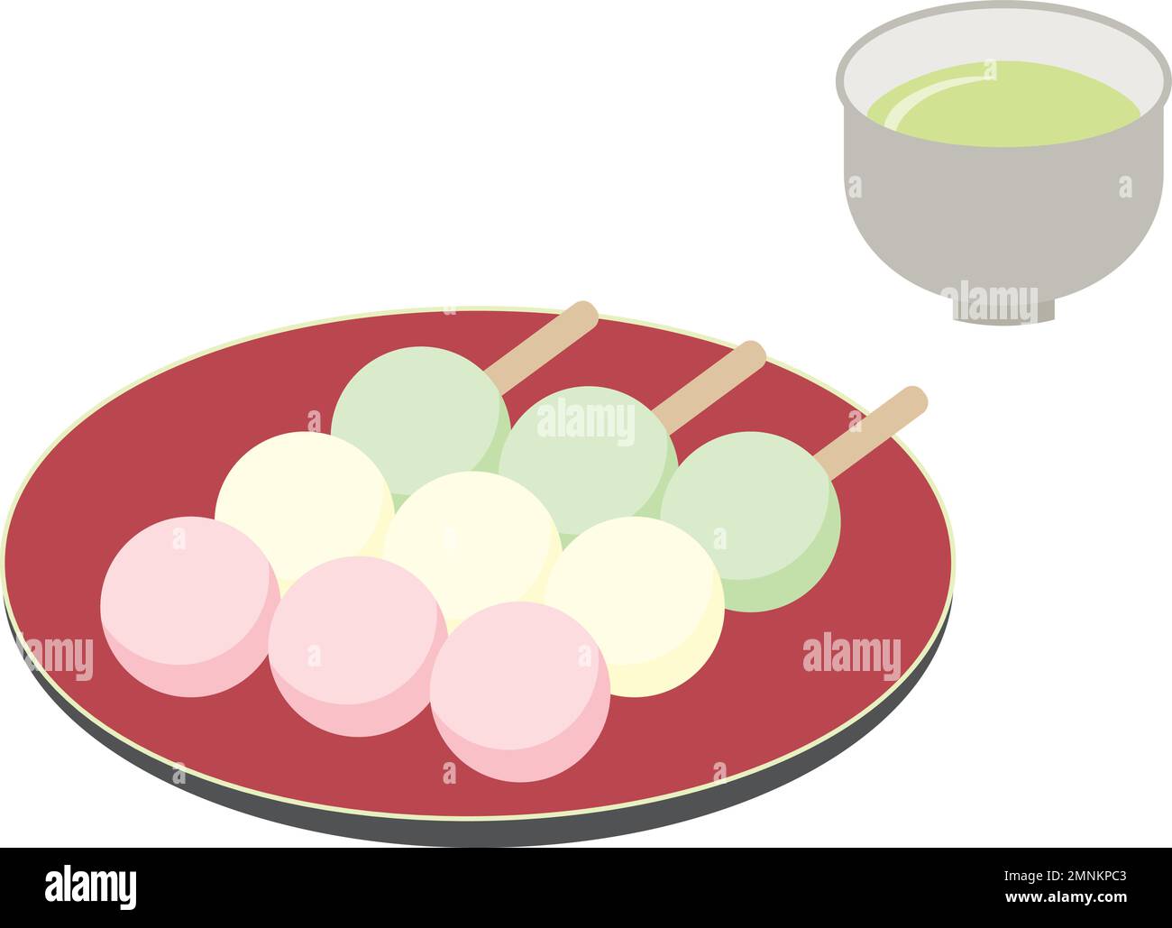 Dreifarbige Knödel und japanischer Tee. Süße und einfache, flache Illustrationen. Stock Vektor