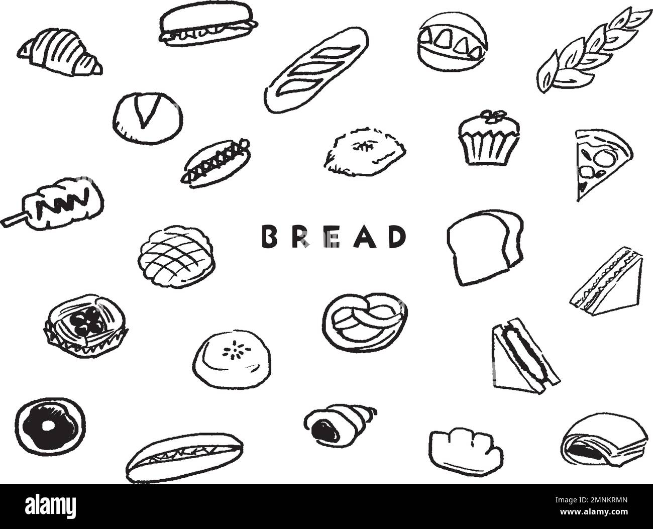 Verschiedene Symbolgruppen für das Zeichnen von Brotlinien. Illustrationen von köstlichem Brot wie Brot, Visa und Sandwiches. Stock Vektor