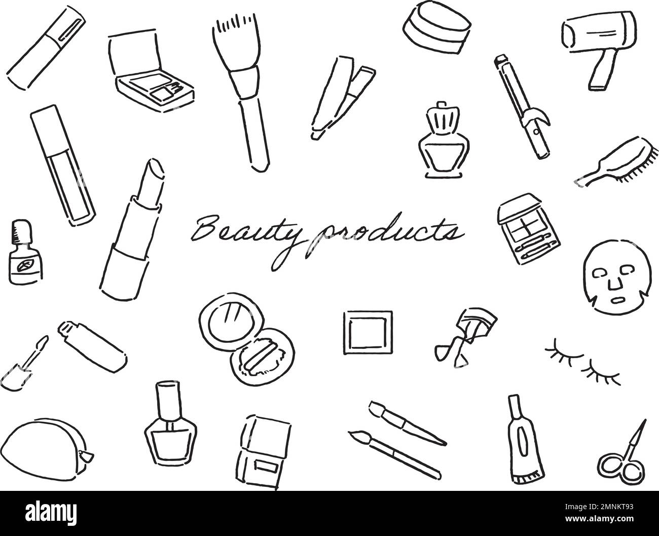 Strichzeichnungen mit Kosmetikprodukten. Schwarz auf Weiß. Eine Reihe von Schönheitsprodukten wie Lippenstift, Maniküre, Haartrockner usw. Stock Vektor