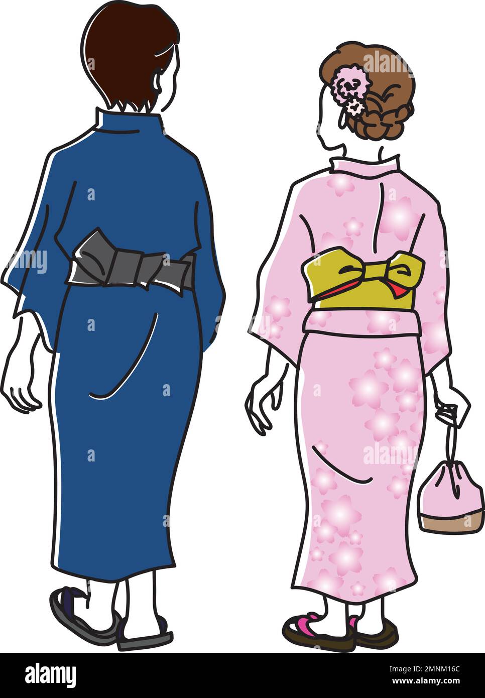 Vektorillustraion des Rückblicks von Männern und Frauen mit Yukata. Ein Mann und eine Frau tragen traditionelles japanisches Yukata und gehen auf ein Festival. Stock Vektor