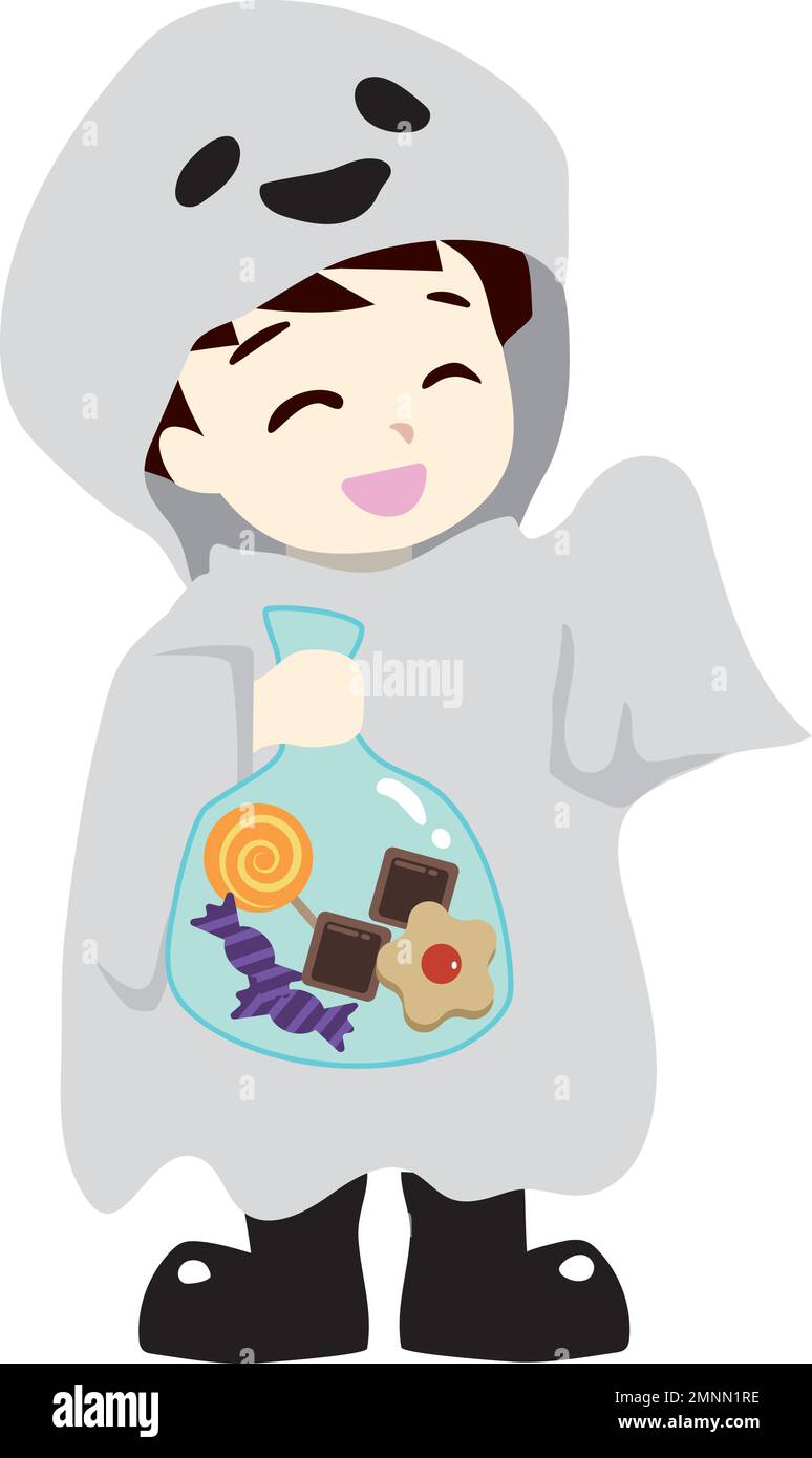 Ein Junge, der sich als Geist verkleidet und Süßigkeiten bekommt. Halloween-Illustration. Ein Junge im Geisterkostüm, der mit einem Lächeln und Süßigkeiten herumläuft. Stock Vektor