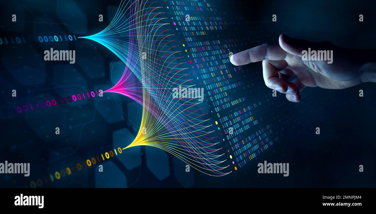 Big-Data-Technologie und Datenwissenschaft. Datenwissenschaftler, die komplexe Datensätze auf einem virtuellen Bildschirm abfragen, analysieren und visualisieren. Datenflusskonzept. Neural Stockfoto