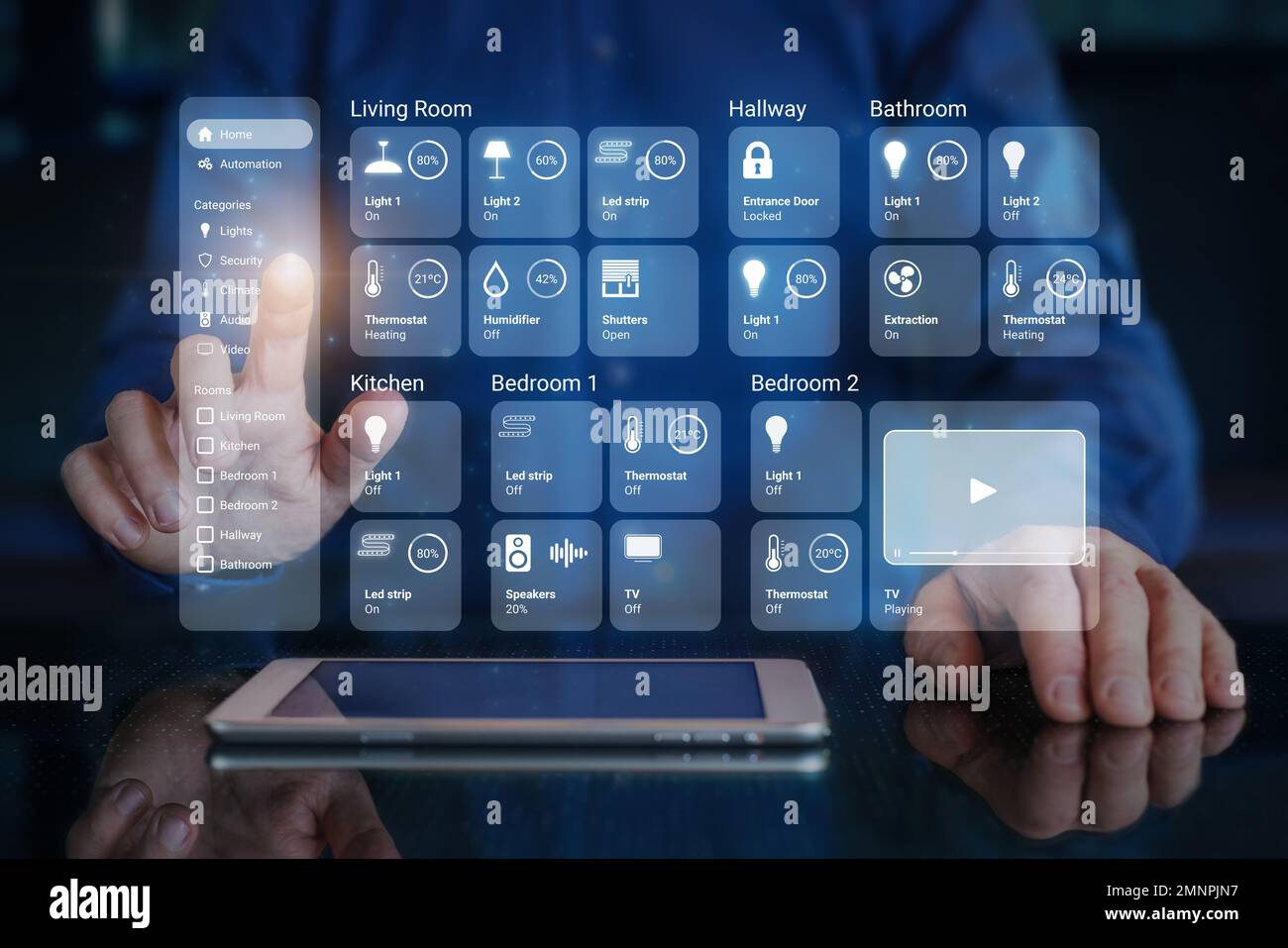 Person, die die Smart Home Dashboard-Oberfläche verwendet, um verbundene Geräte zu steuern und Automatisierungen einzurichten. Futuristisches HUD mit virtuellem Bildschirm über dem digitalen Tablet CO Stockfoto