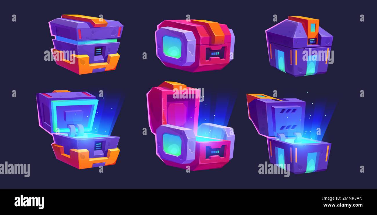 Futuristische Spielboxen, Zukunftstechnik-Truhen offen, geschlossen. Symbole von Sci-Fi-Geräten, Beute-Boxen mit elektronischem Schloss und Display mit Neonlicht, Vektorgrafiken auf Hintergrund isoliert Stock Vektor