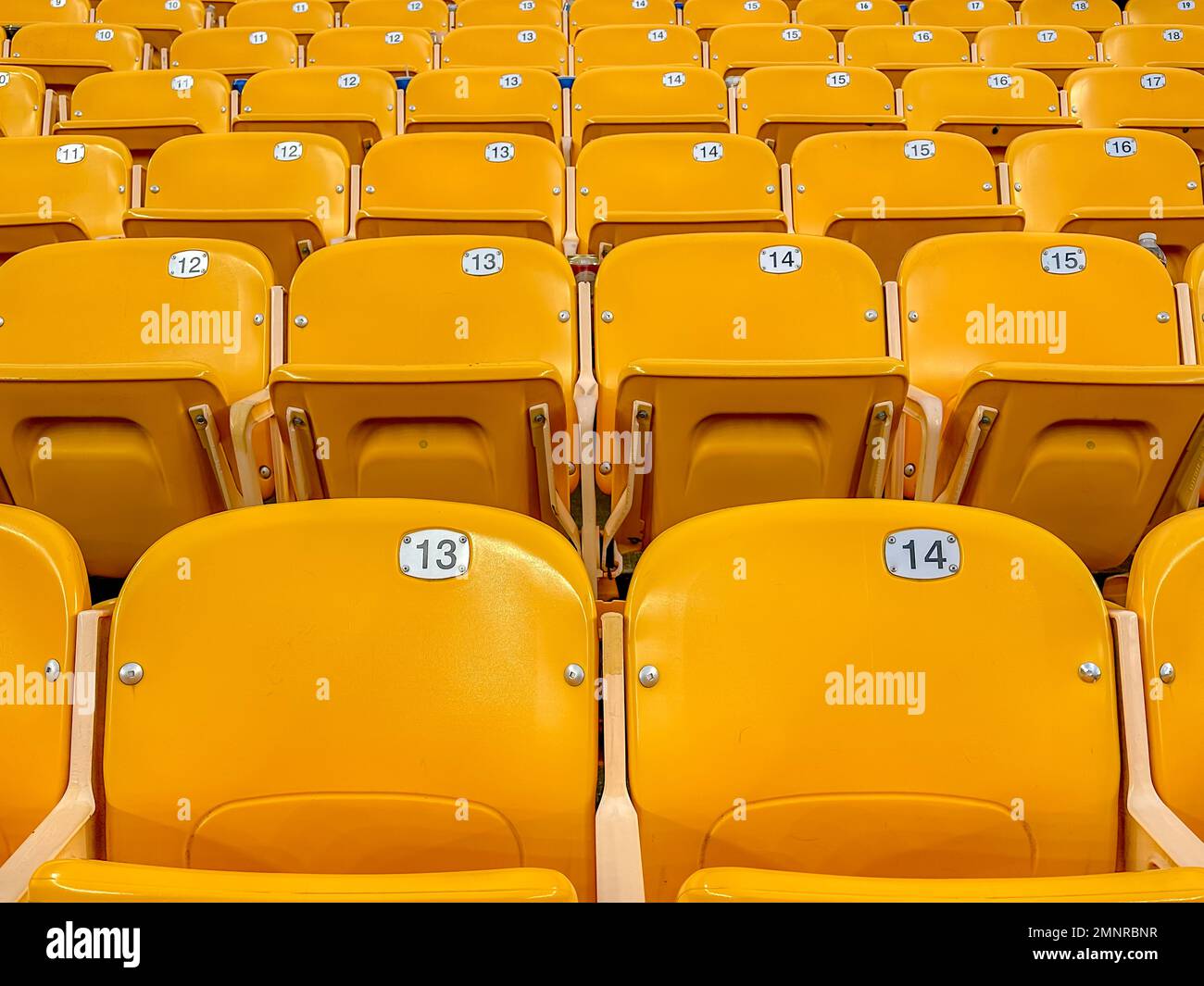 Leere gelbe, goldene Stadionsitze mit Nummern Stockfoto