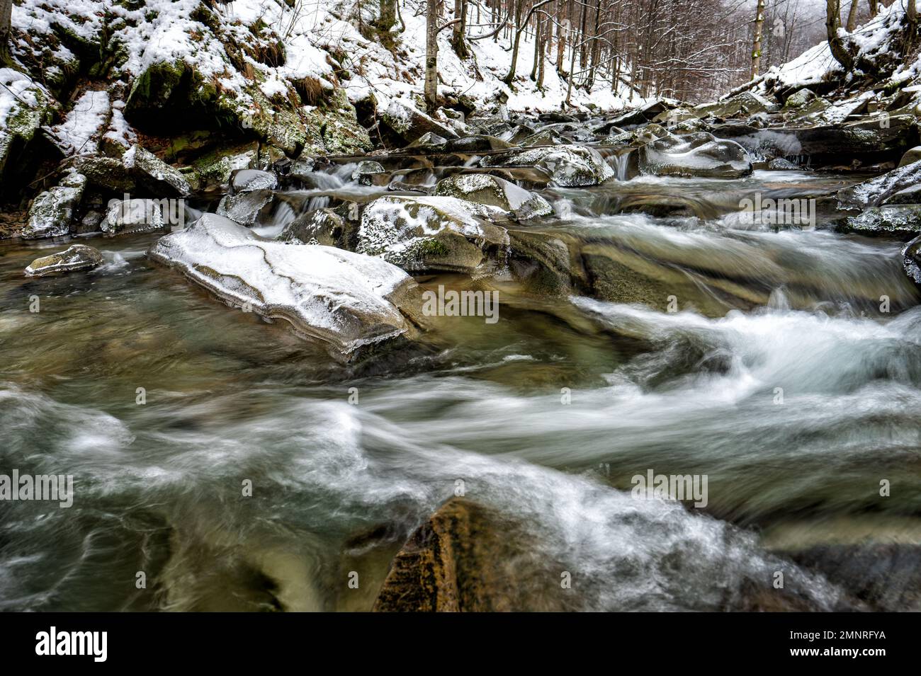 Bergbach in Winterlandschaft. Prowcza Stream, Bieszczady Nationalpark, Karpaten, Polen. Eines der beliebtesten Reiseziele in Polan Stockfoto