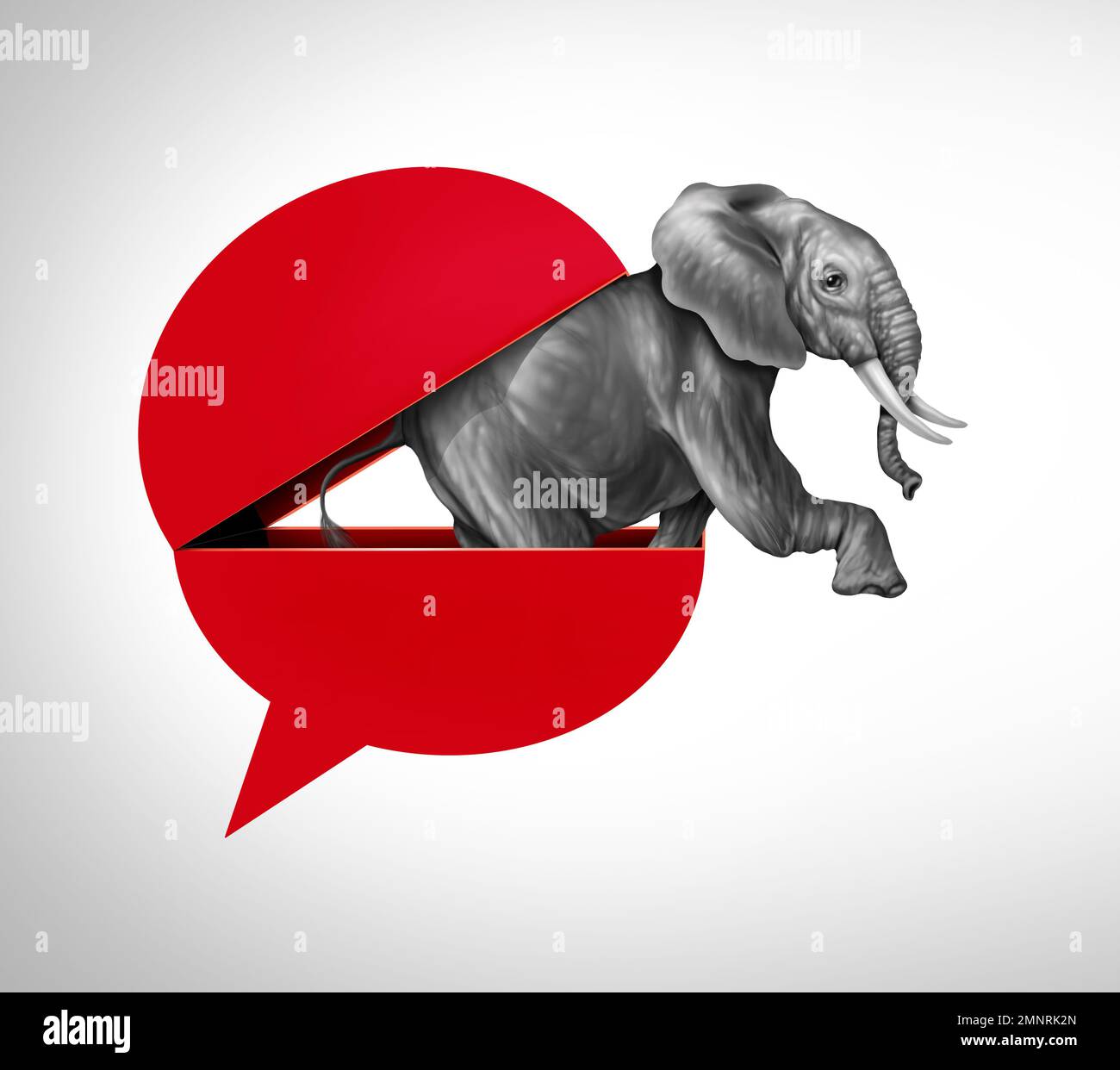 Kommentar des rechten Flügels und konservatives Gesprächssymbol als offene rote Sprechblase mit einem Elefanten, der sich als Symbol der Politik herausbildet. Stockfoto