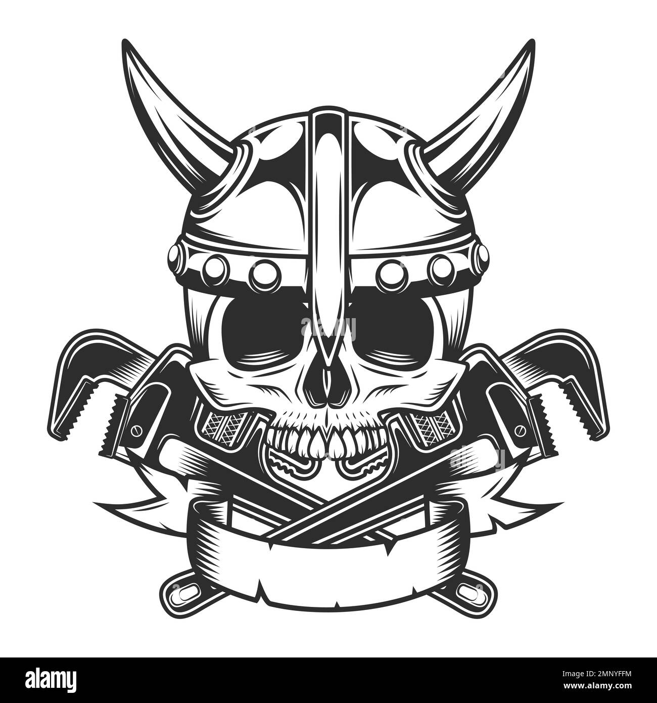 Vintage viking Schädel mit Band und Karosseriewerkstatt Reparaturwerkzeug oder Bauschlüssel für Gas und Installationsrohre Stock Vektor