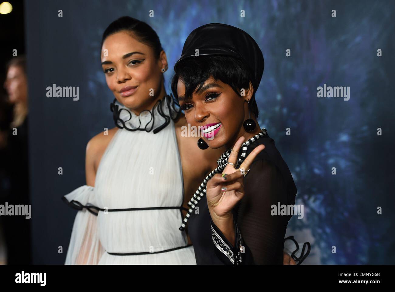 Tessa Thompson, left, and Janelle Monae arrive at the Los Angeles